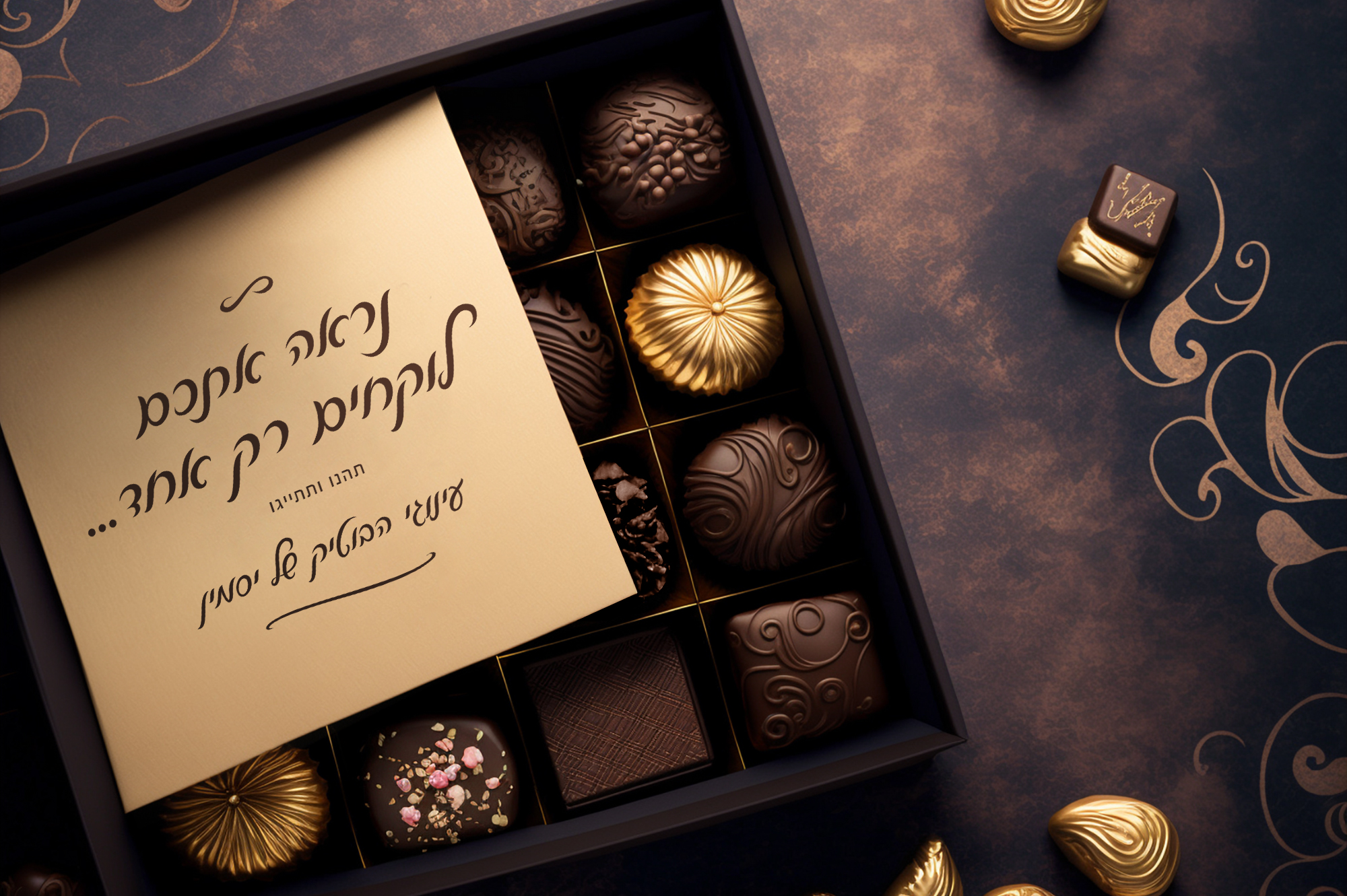 אריזת שוקולד מתוקים עם פונט לואיז - כתב יד יפה בעברית